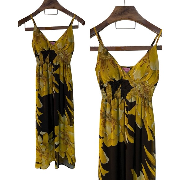 Vtg Shes Cool Floral Babydoll Smocked Midi Slip Dress Y2K Festival Fall Boho M - Picture 1 of 12